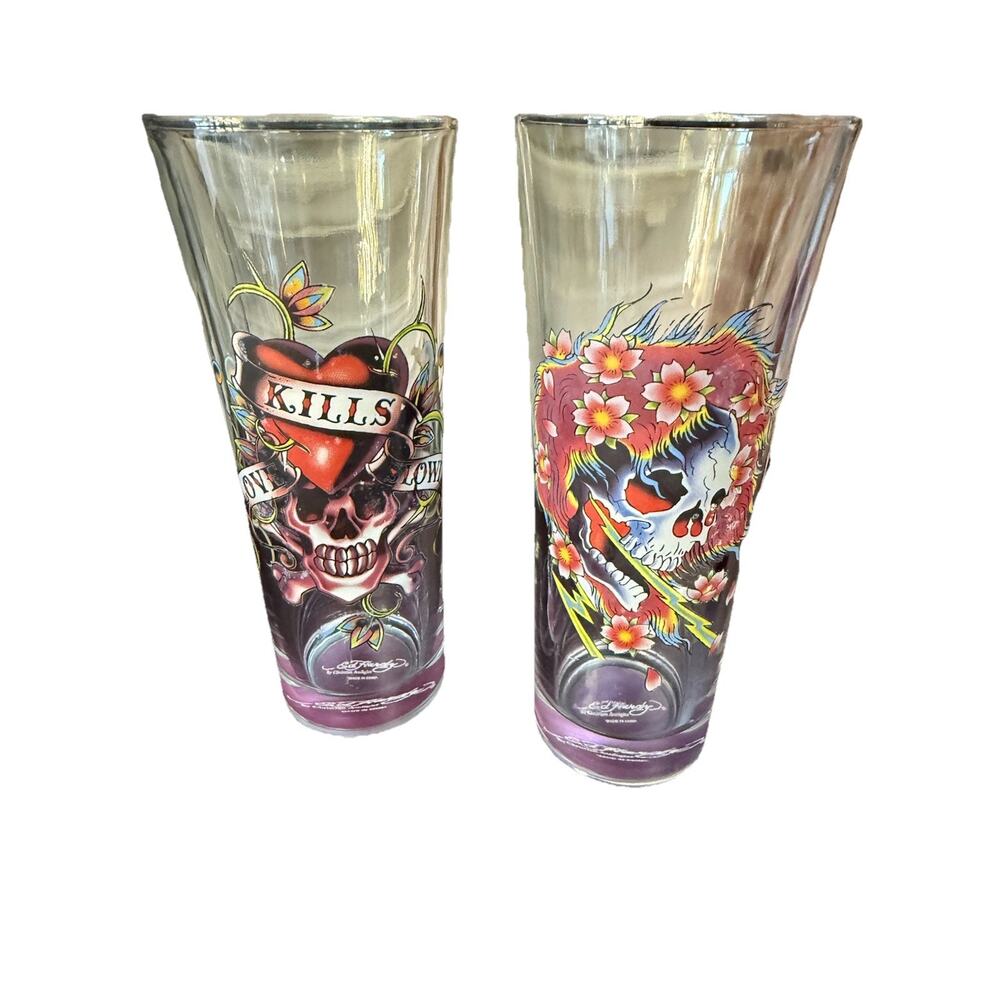 VTG‎ Ed Hardy Christian Audigier Tattoo Skulls Print 6" Tall 14 oz Set of 2